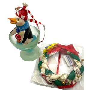 Festive Christmas Ornament Penguin in Cup & Wreath Vintage Lot of 2 Gift Giving